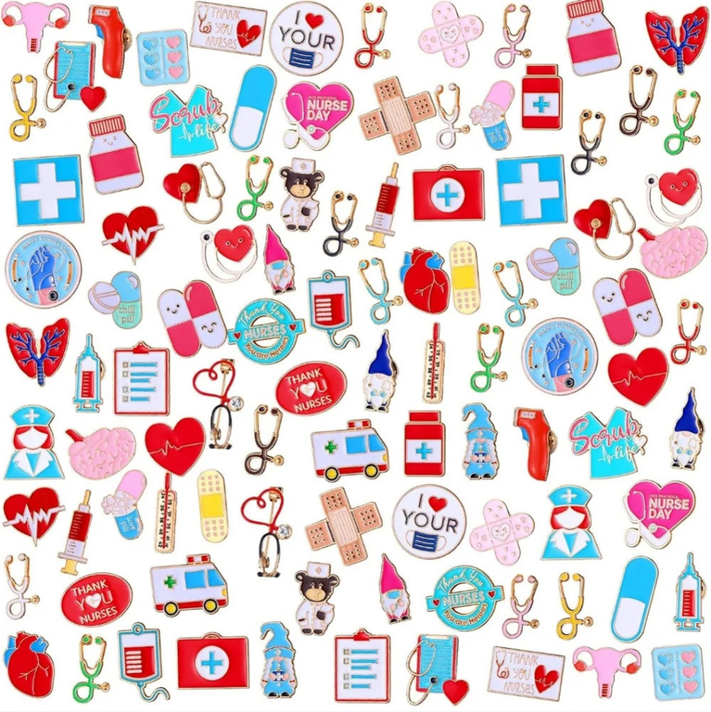 100 Pcs Nurse Pins Bulk Medical Enamel Pins Heart Stethoscope Ambulance Pill Syr